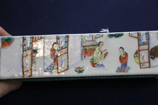 A Chinese famille rose rectangular cricket cage, Jiaqing period (1796-1820), total length 22cm, depth 5cm